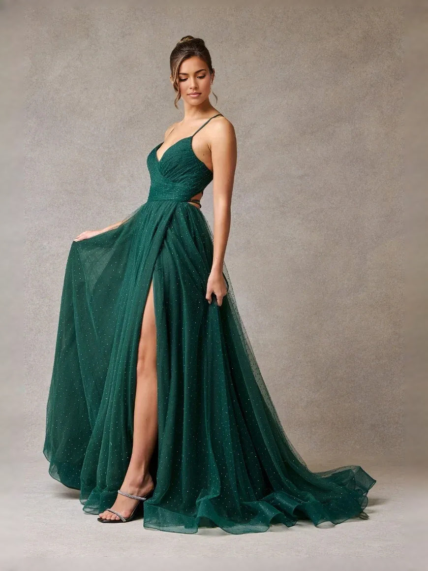 Ruched Front-Slit Slit V Neck A-Line Floor-Length Tulle Prom Dress for Formal Dance
