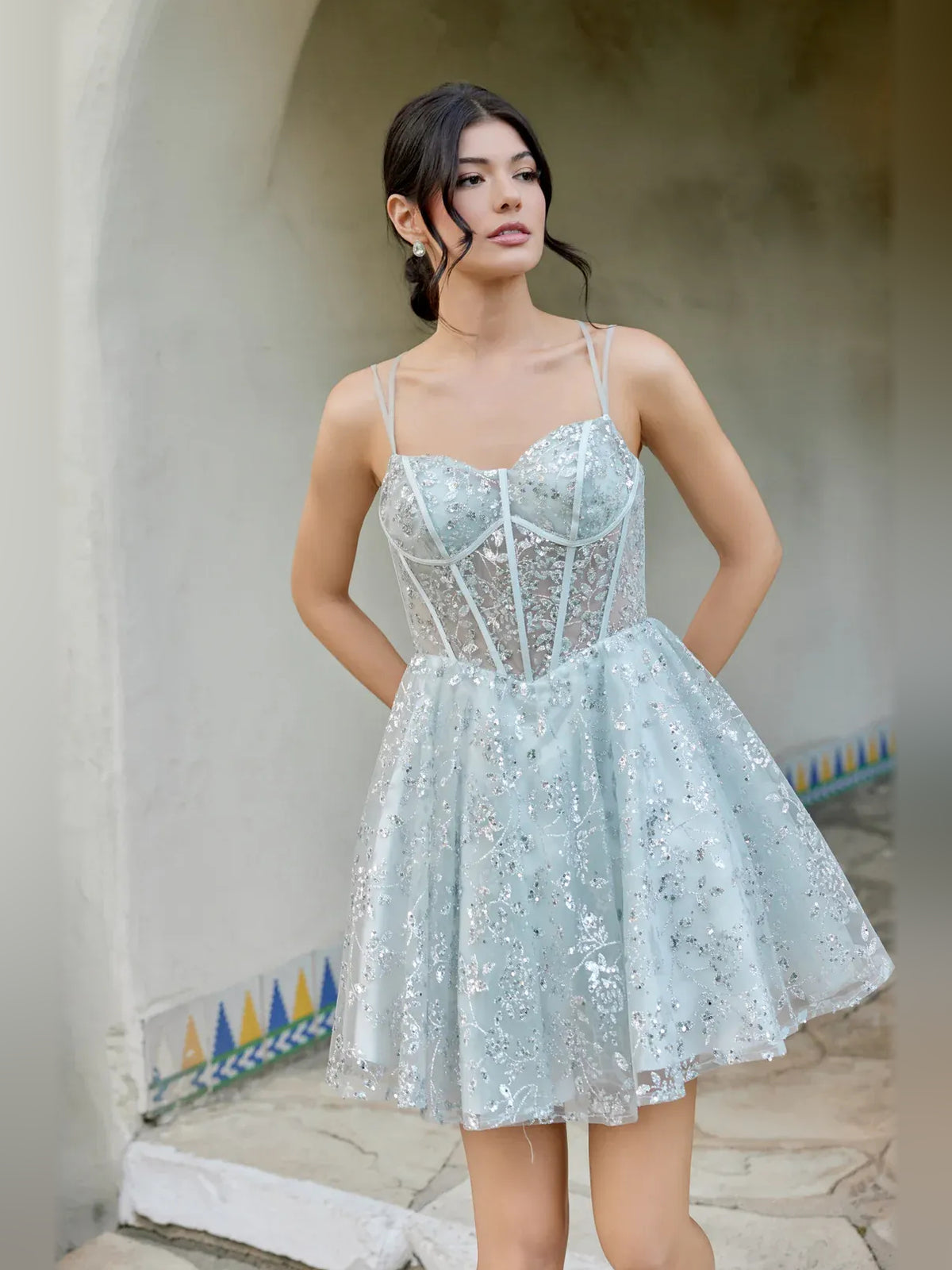Corset Sequin Floral Square Neck A-Line Mini Homecoming Dress for Dinner Event