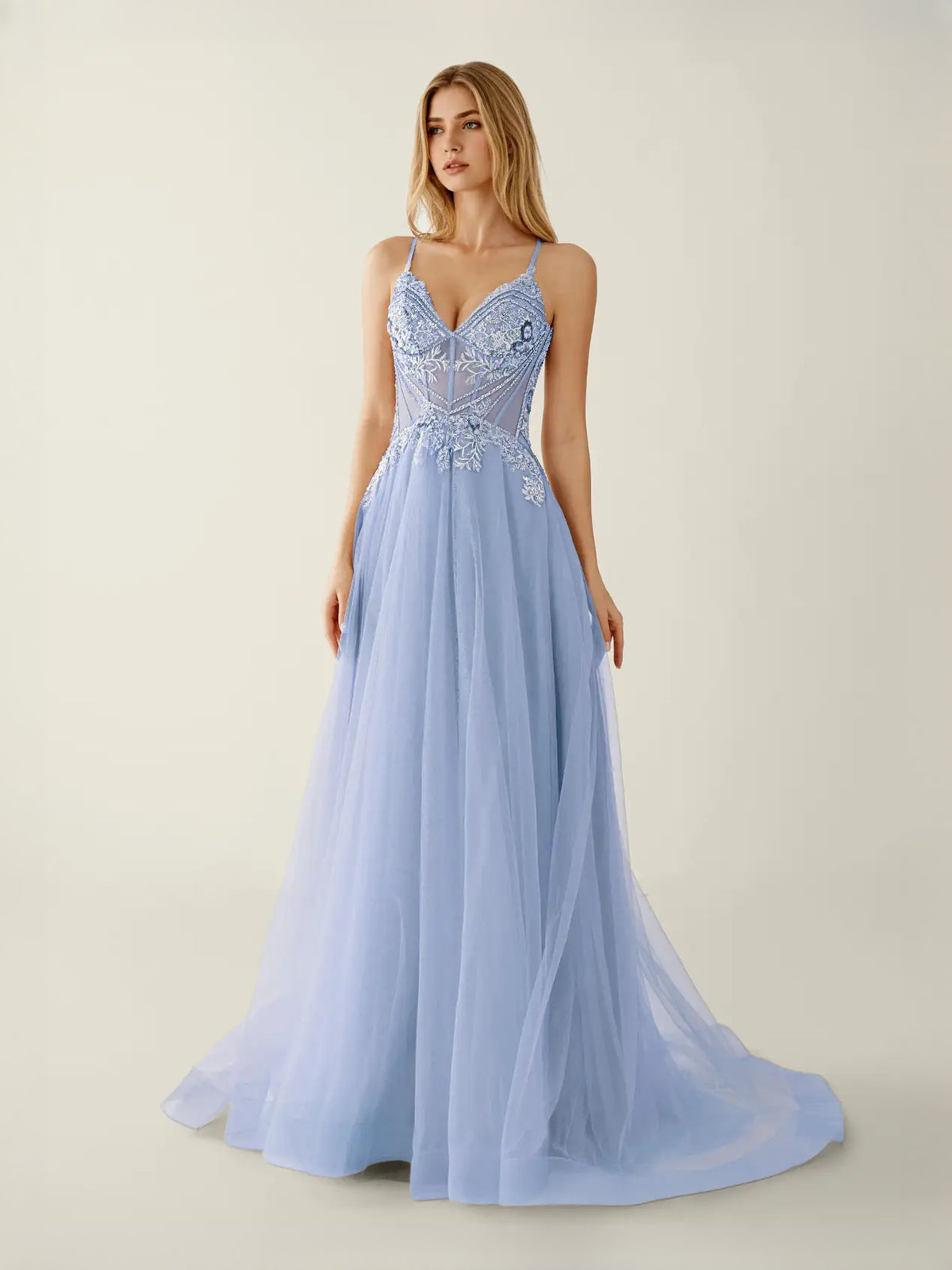 Corset Back-Slit Slit Sweetheart A-Line Floor-Length Tulle Prom Dress for Evening Banquet