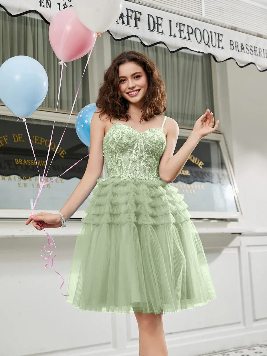 Corset Tiered Sweetheart A-Line Mini Tulle Homecoming Dress for Formal Reception