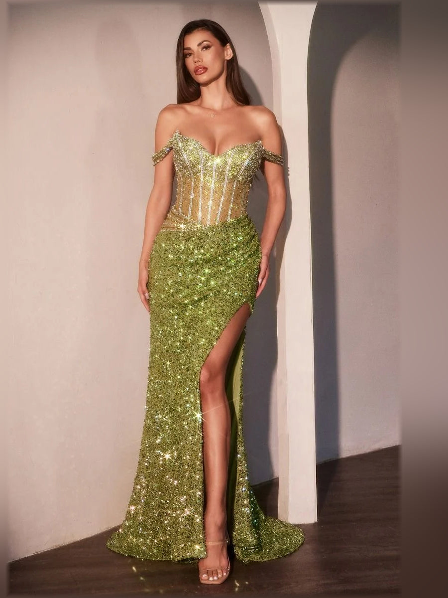 Off-The-Shoulder Corset Beading Floor-Length Luxury Formal Dress