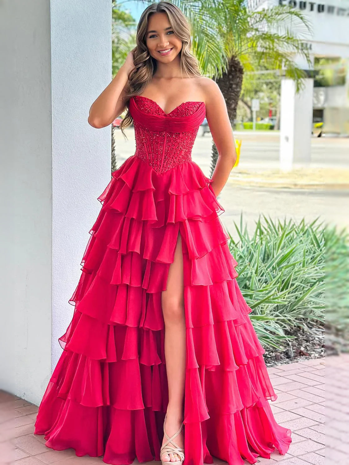 Corset Side-Slit Ruffled Slit Strapless A-Line High-Low Chiffon Prom Dress for Pageant