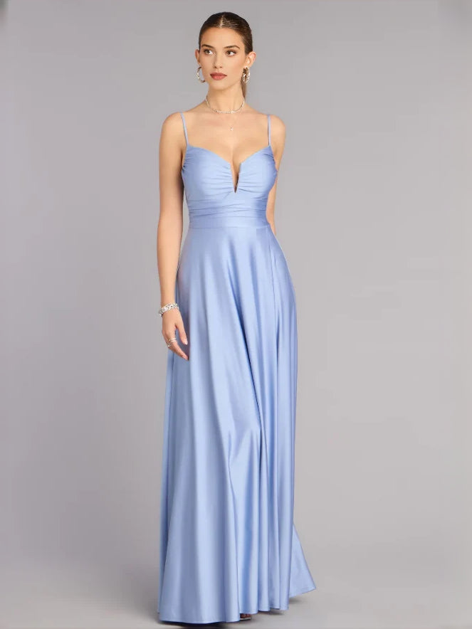 Back-Slit Slit V Neck A-Line Floor-Length Prom Dress for Prom Night