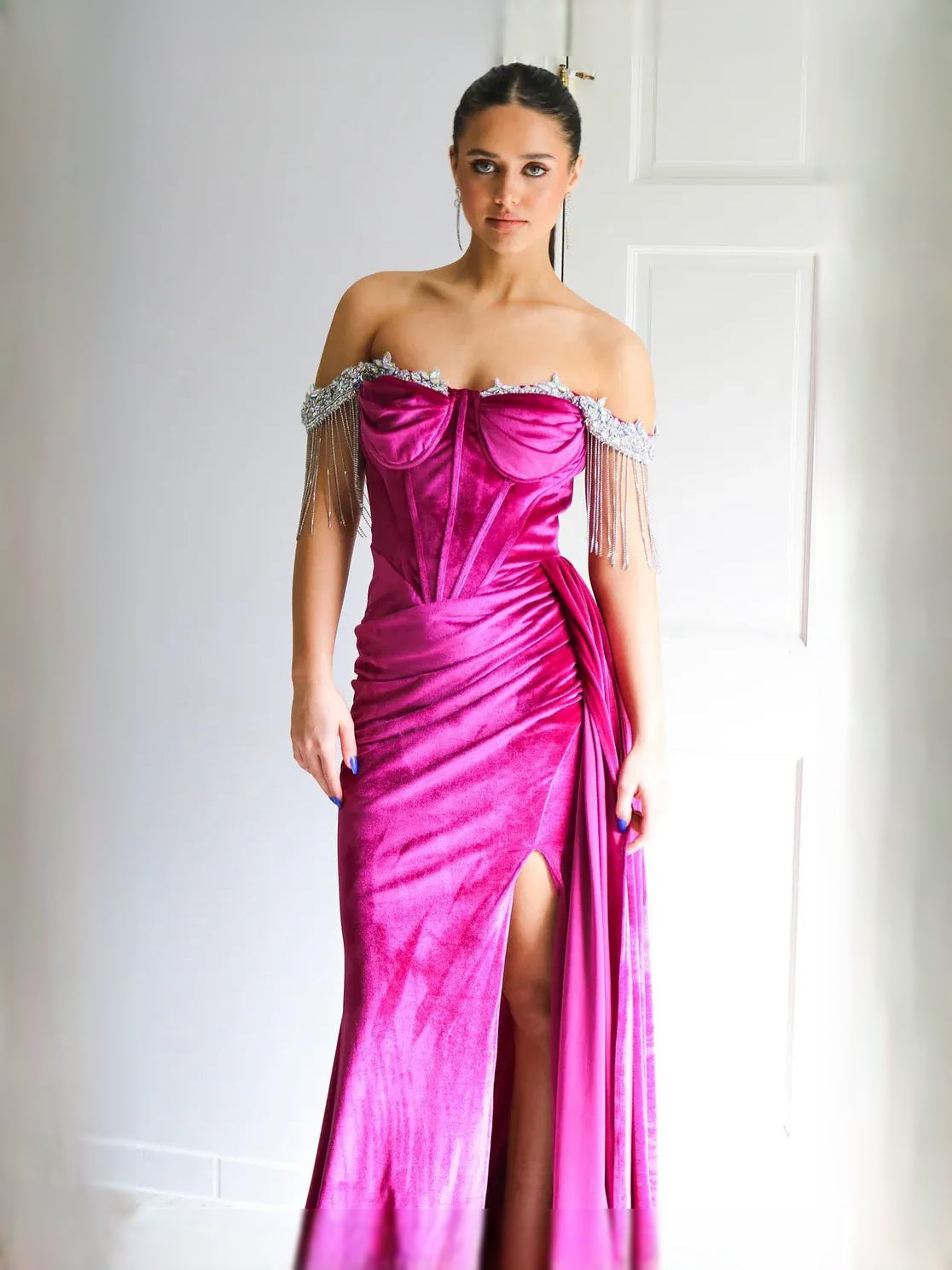 Ruched Draped Slit Sweetheart Mermaid Maxi Velvet Prom Dress for Formal Party