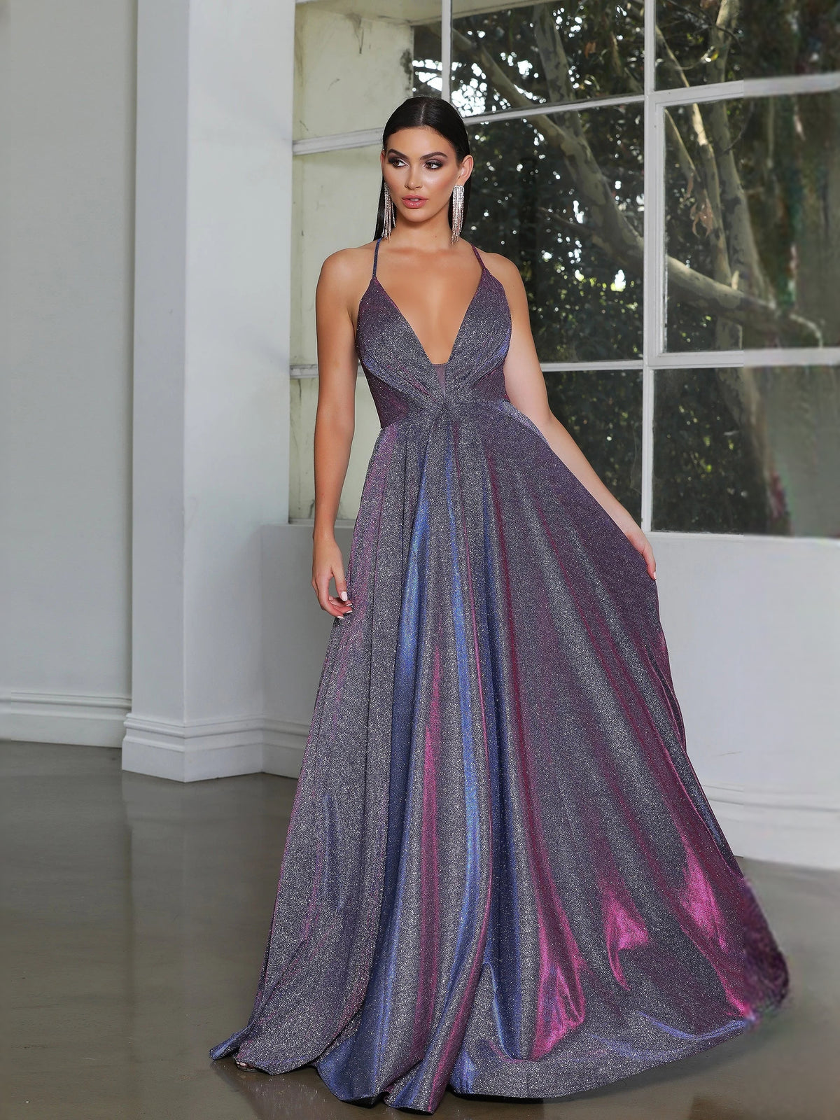 Glitter Backless V Neck A-Line Maxi Prom Dress for Black Tie Event
