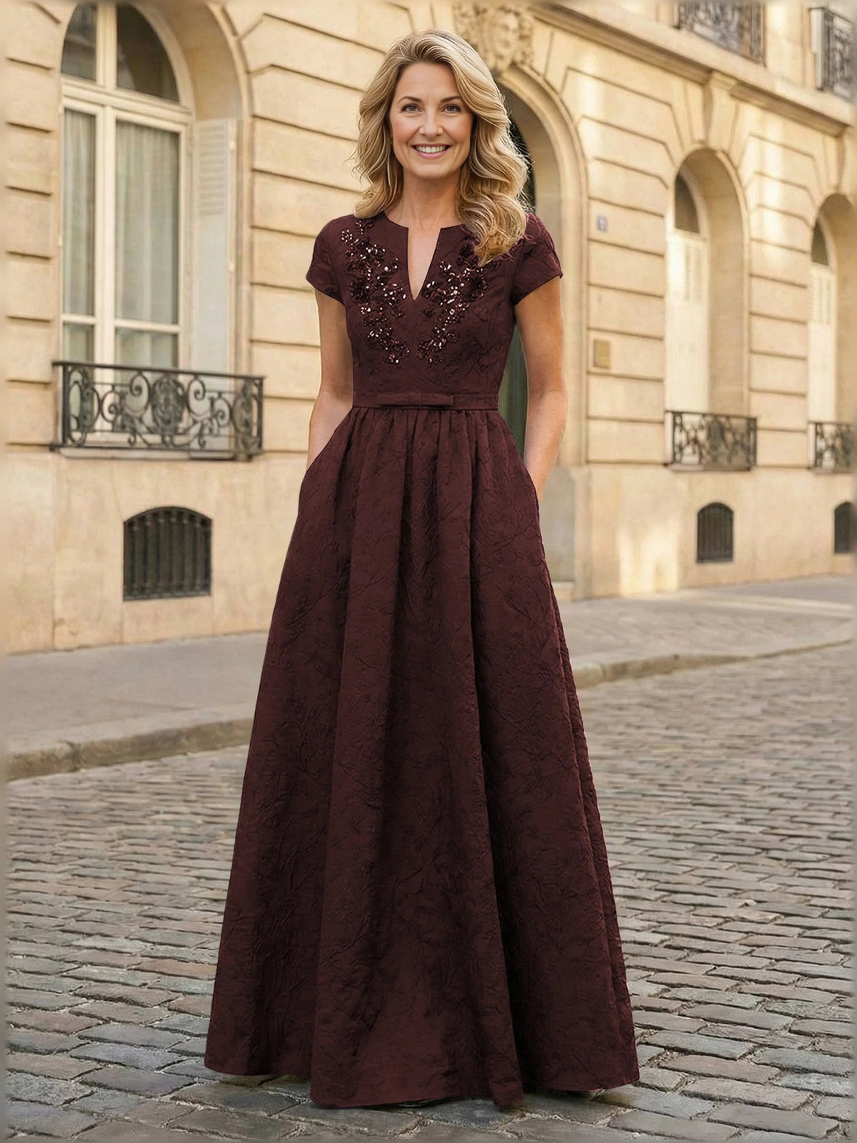 Bow Beaded V-Neck A-Line Floor-Length Mother of the Bride Dress for Formal Dinner