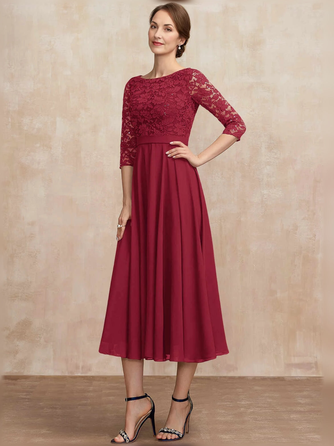 Pleated Sequin Bateau Neck A-Line Midi Chiffon Mother of the Bride Dress for Formal Reception