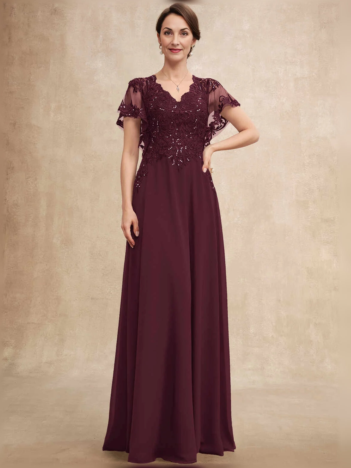 Beaded Embroidered V Neck A-Line Floor-Length Chiffon Mother of the Bride Dress for Anniversary Celebration