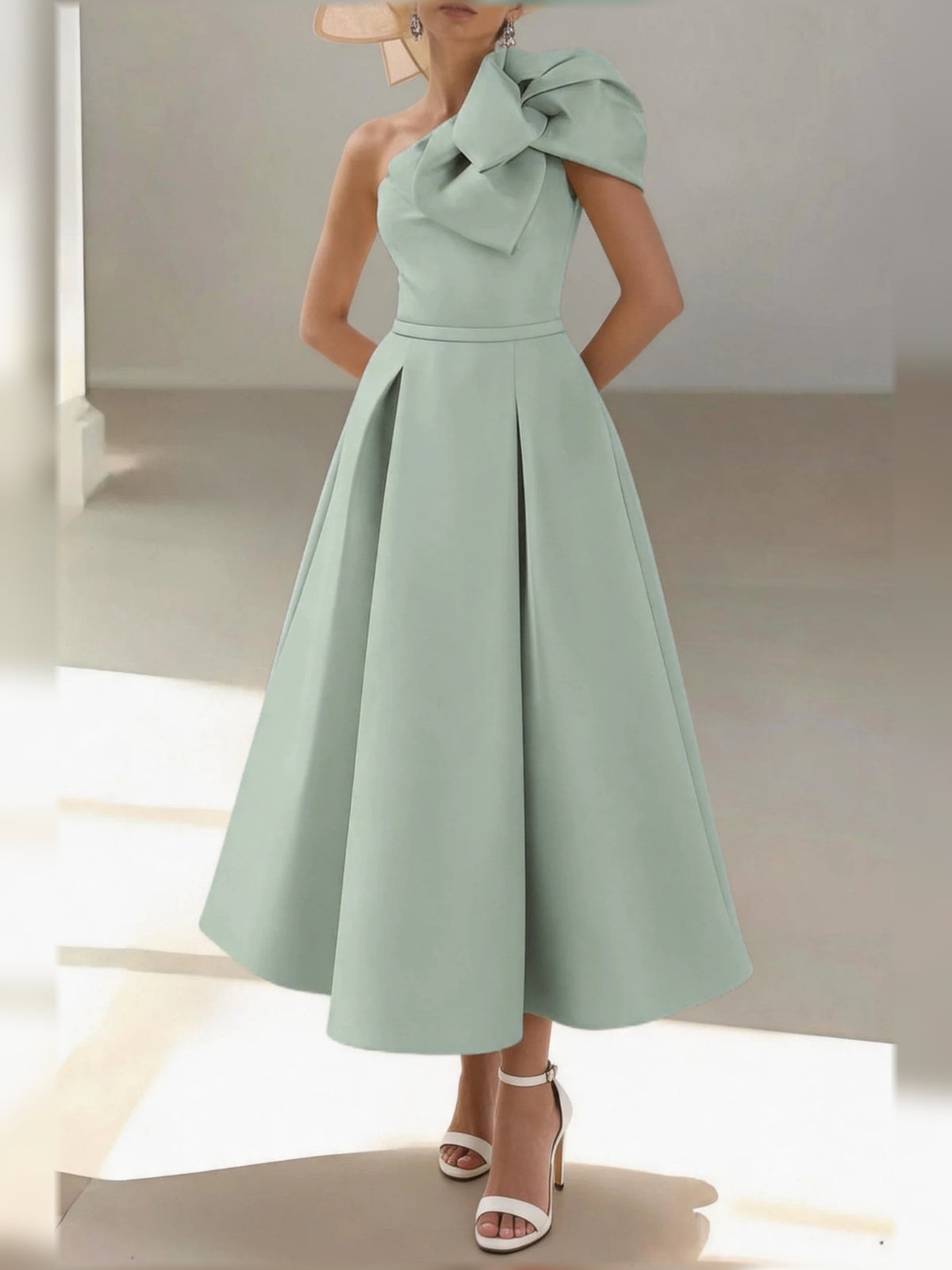 Pleated Draped One Shoulder A-Line Midi Satin Mother of the Bride Dress for Rehearsal Dinner