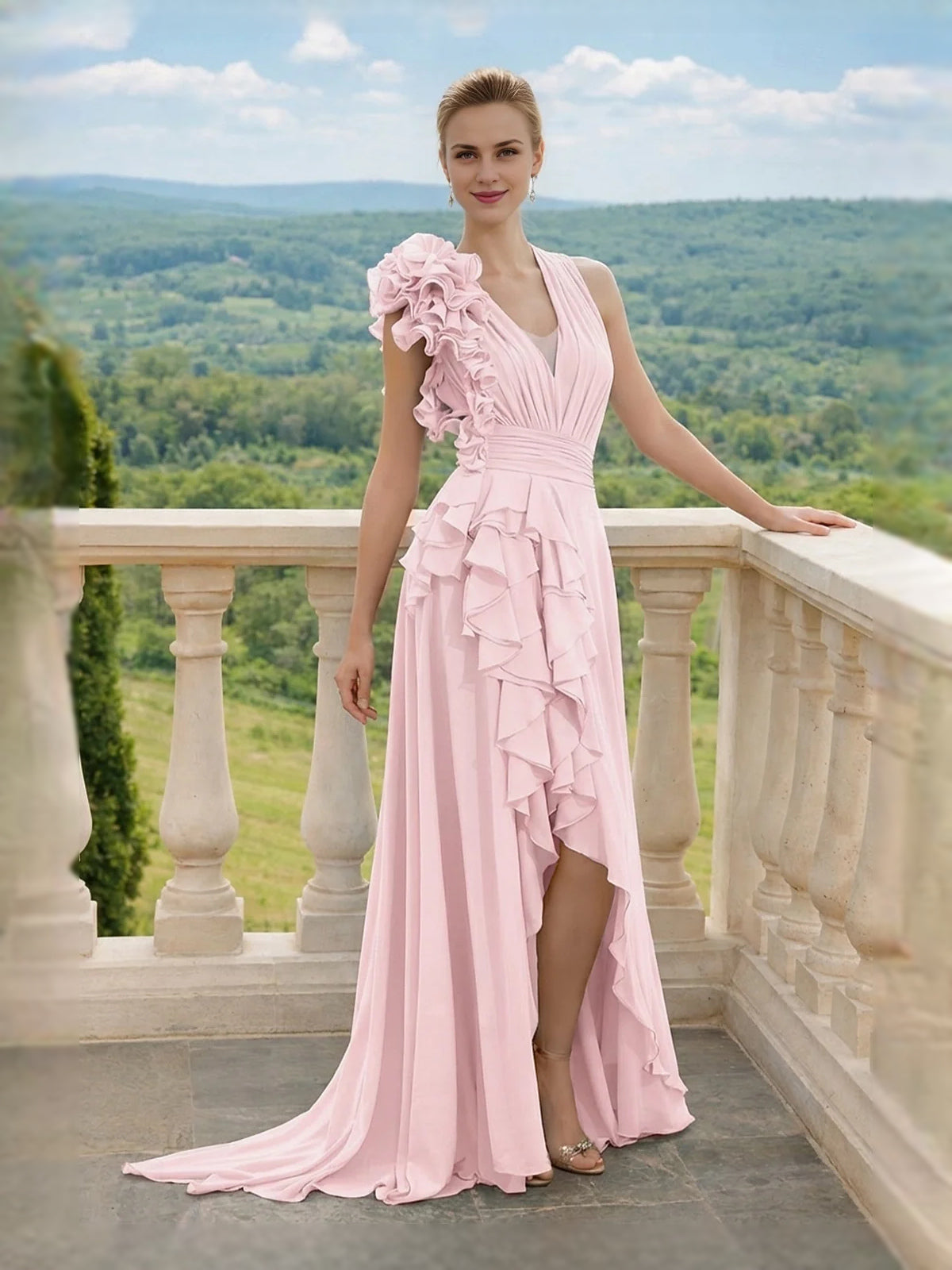 Layered Ruffled Floral V Neck A-Line Maxi Chiffon Prom Dress for Formal Dance