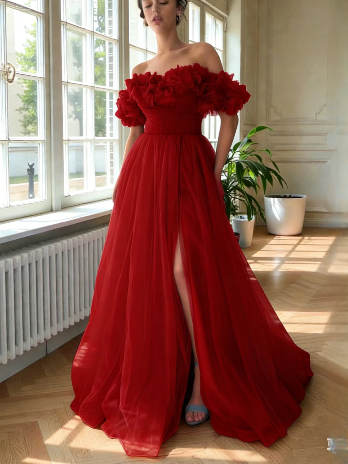 Corset Side-Slit Ruffled Slit Off Shoulder Ball-Gown Floor-Length Tulle Prom Dress for Black Tie Event