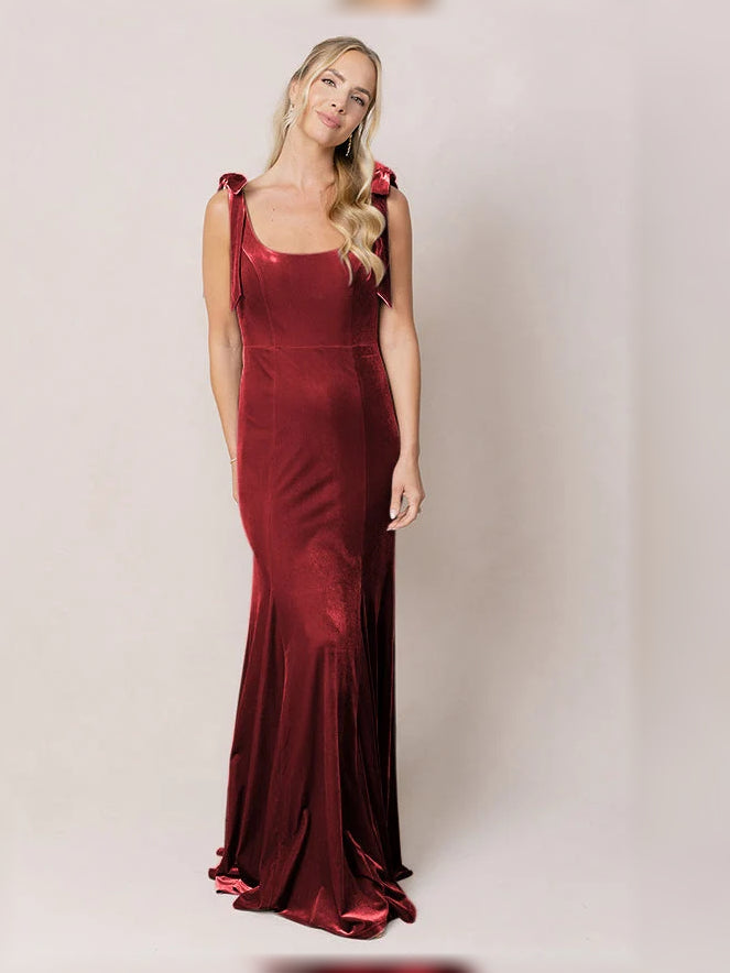 Bow Square Neck Mermaid Floor-Length Velvet Bridesmaid Dress for Bridal Party