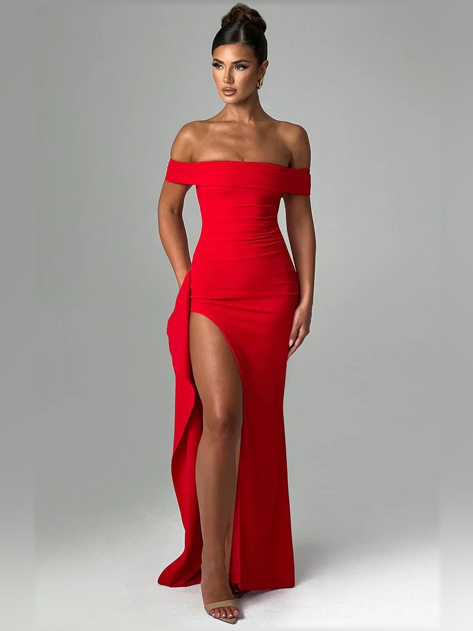 Off-The-Shoulder Ruching Ruffles Floor-Length Formal Dress