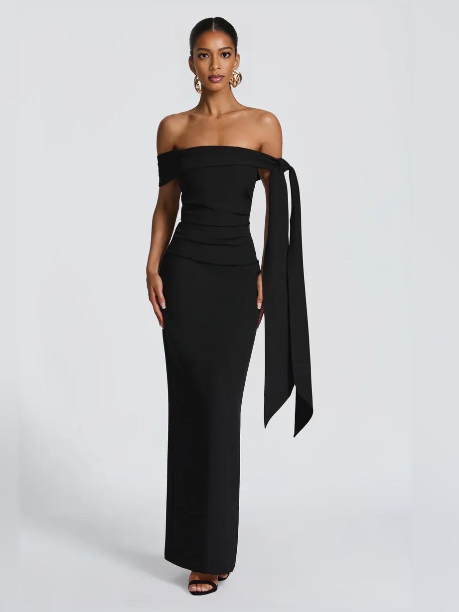 Off-Shoulder Bow Crepe Sheath Maxi Formal Dress