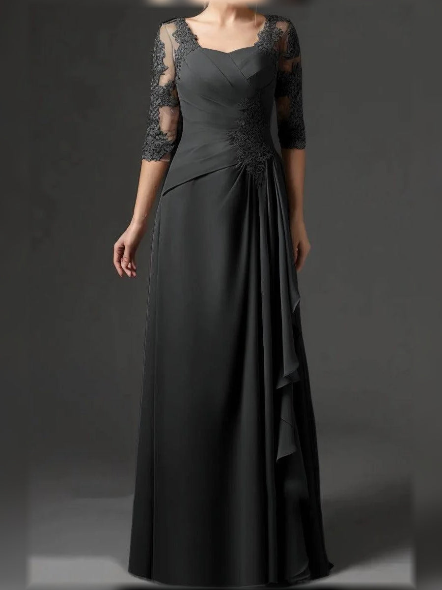 Ruched Draped Floral Ruffled Square Neck A-Line Floor-Length Chiffon Mother of the Bride Dress for Ceremony Dinner