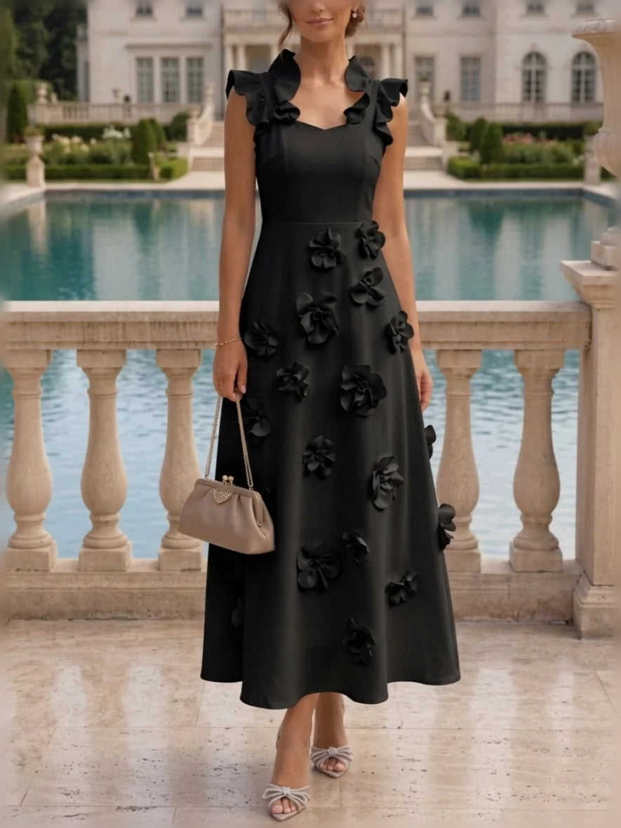 Ruffled Flower-Applique Floral Square Neck A-Line Midi Mother of the Bride Dress for Hotel Wedding