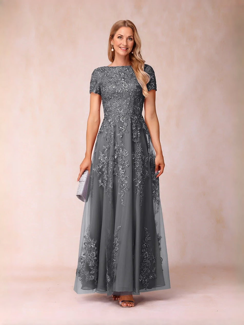 Sequin Floral Bateau Neck A-Line Floor-Length Tulle Mother of the Bride Dress for Seaside Wedding