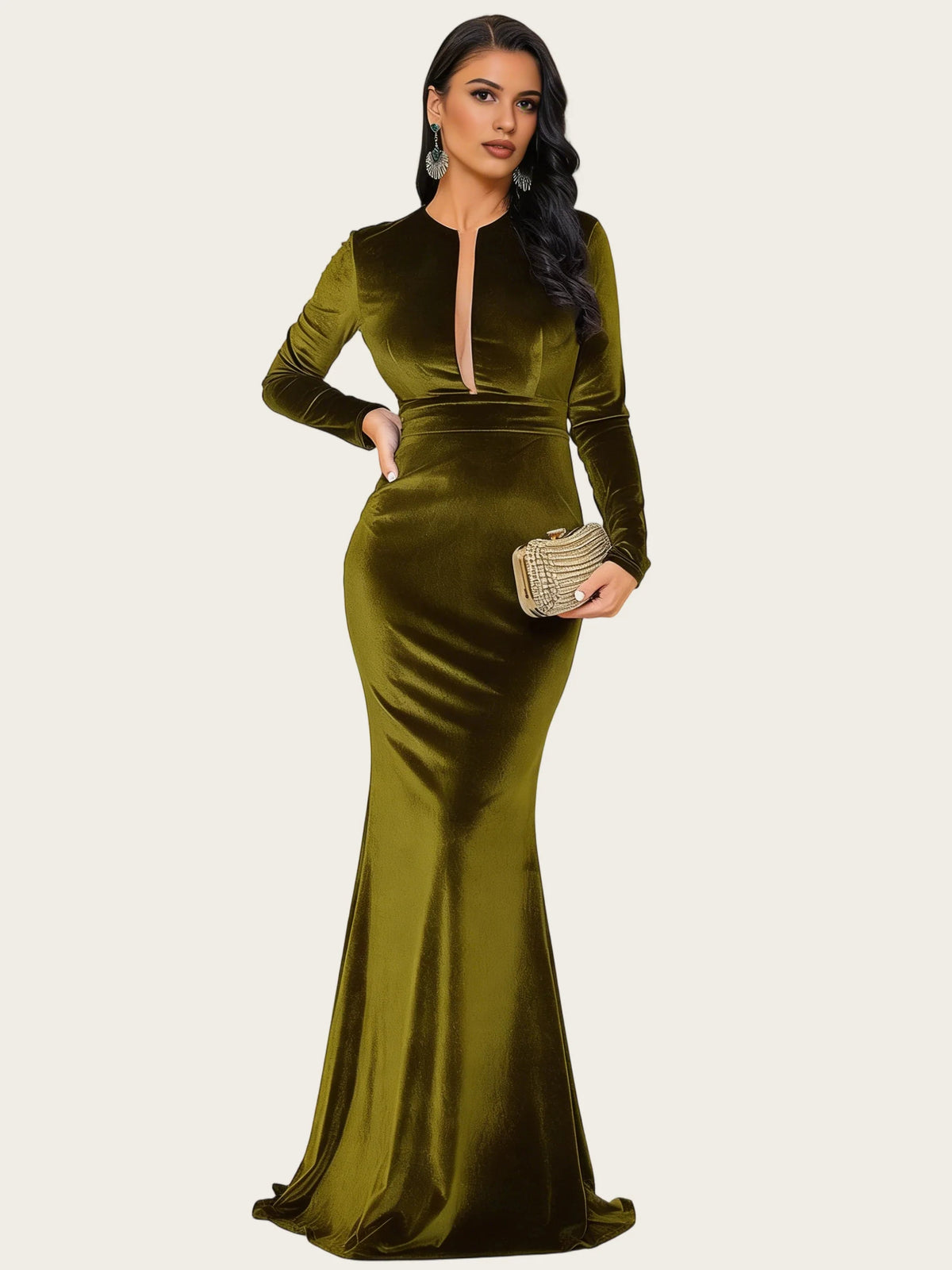 V Neck Long Sleeves Mermaid Maxi Formal Dress