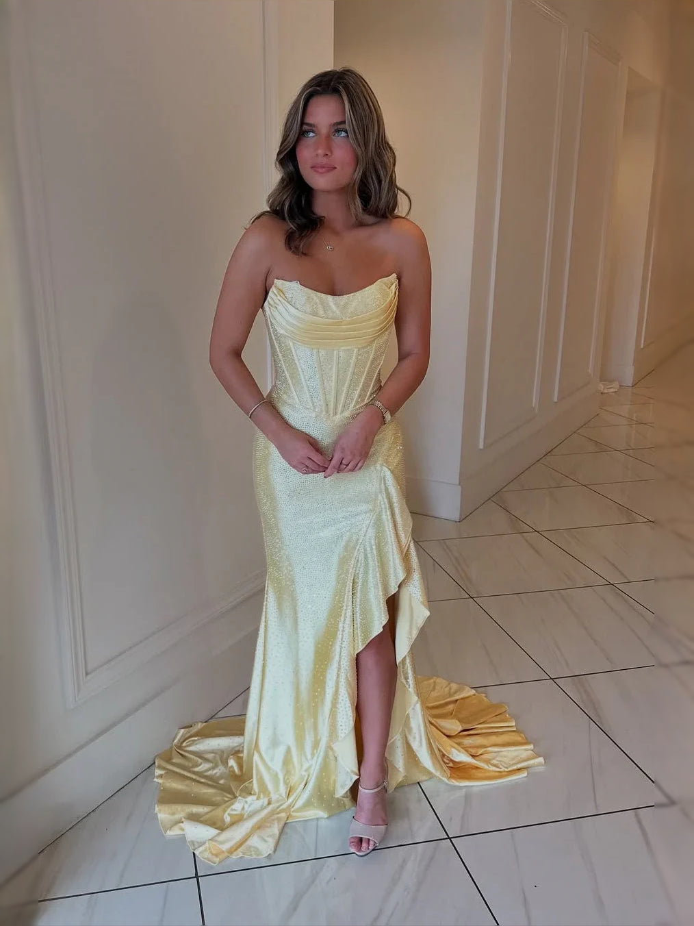 Draped Corset Ruffled Slit Sweetheart Mermaid Maxi Satin Prom Dress for Formal Reception