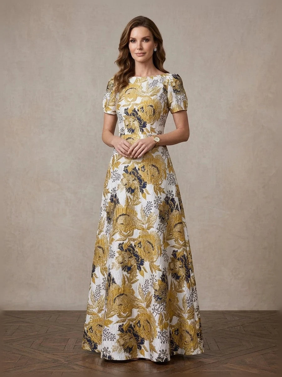 Floral Boat Neck A-Line Floor-Length Mother of the Bride Dress for Evening Reception