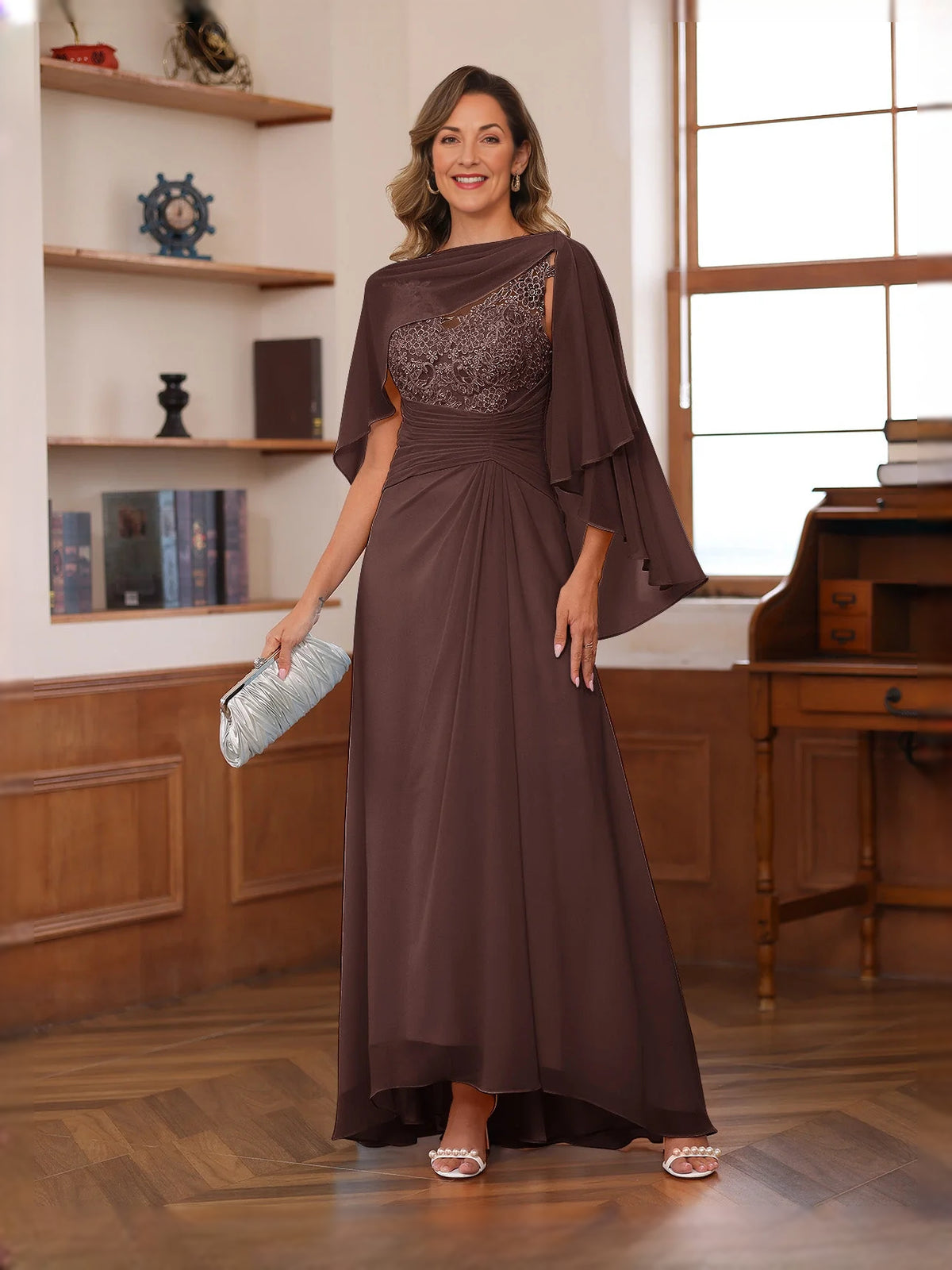 Ruched Floral Bateau Neck A-Line Floor-Length Chiffon Mother of the Bride Dress for Wedding Weekend