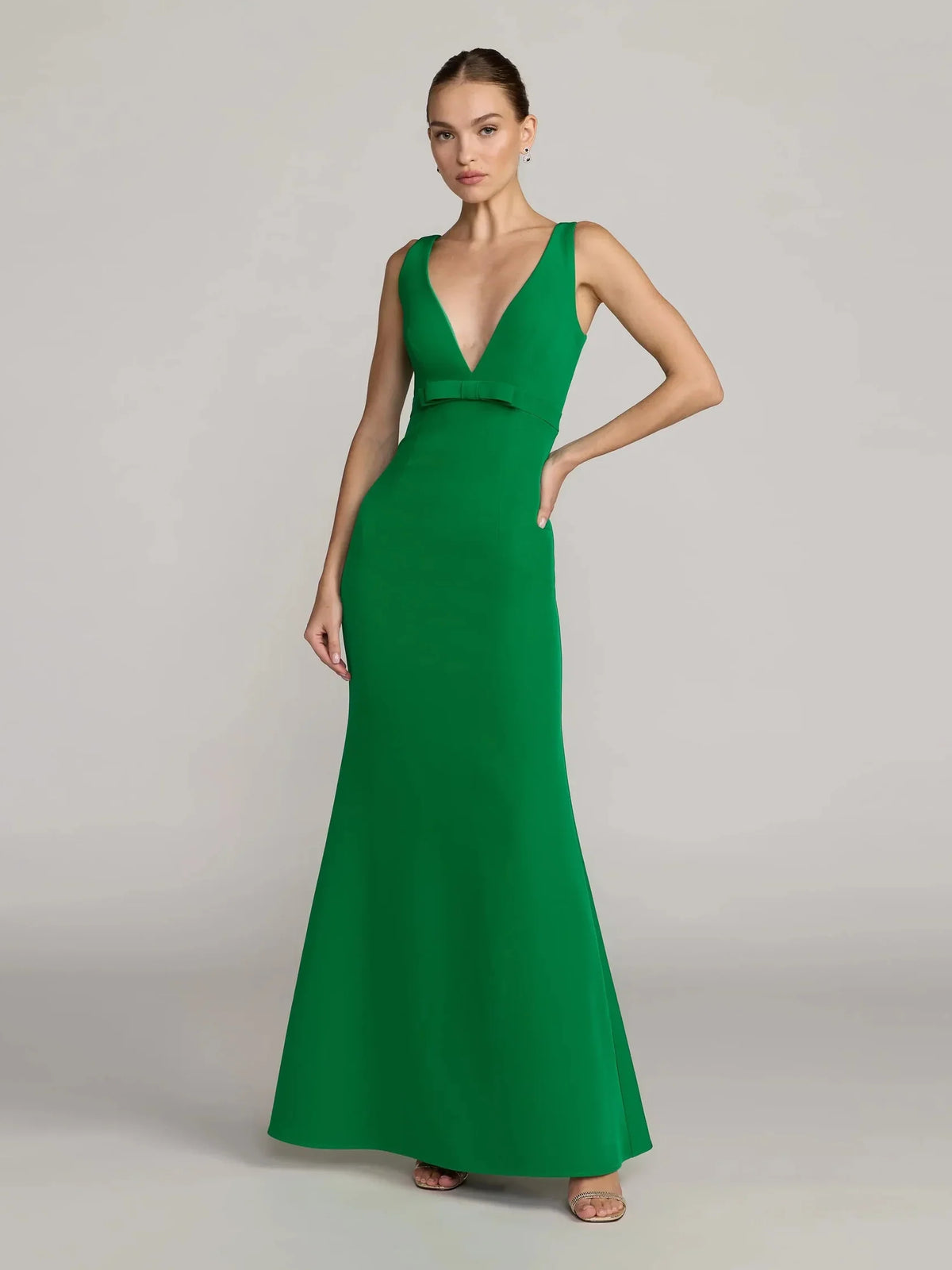 Bow V Neck Mermaid Floor-Length Crepe Bridesmaid Dress for Church Wedding