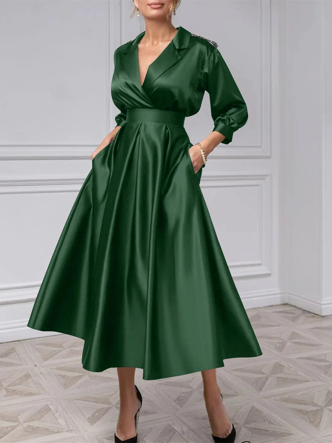 Pleated Draped V Neck A-Line Midi Satin Mother of the Bride Dress for Estate Wedding
