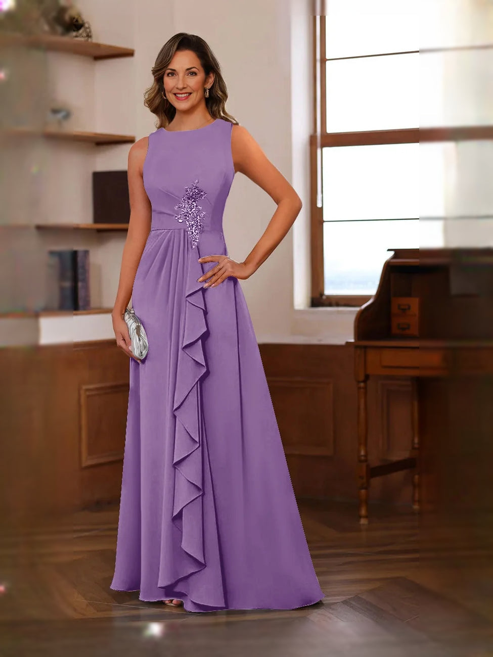 Cut-Out Ruffled Sleeveless A-Line Floor-Length Chiffon Mother of the Bride Dress for Ceremony Dinner
