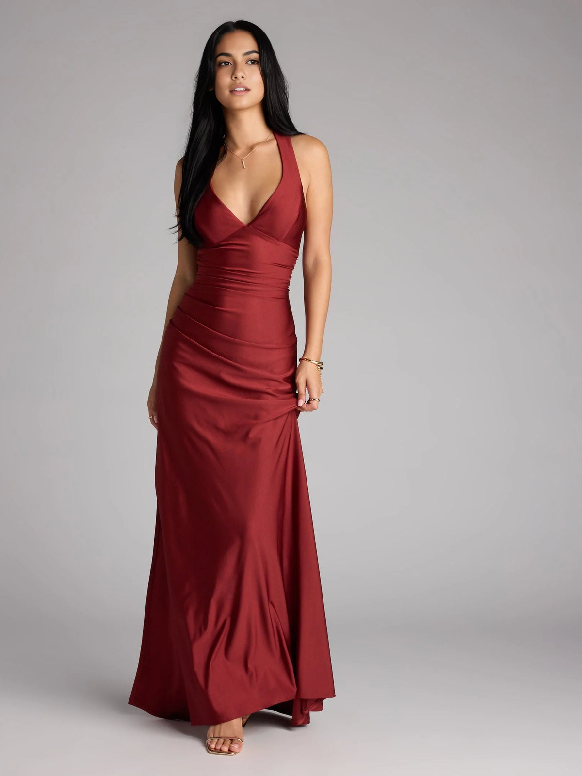 Ruched V Neck Mermaid Maxi Prom Dress for Winter Formal