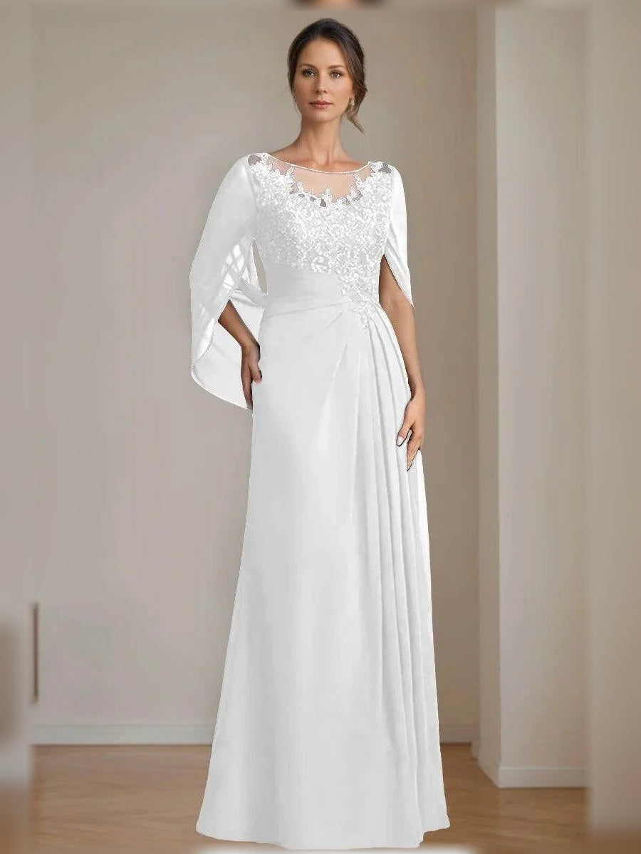 Ruched Draped Floral Illusion Neck A-Line Floor-Length Chiffon Mother of the Bride Dress for Evening Reception