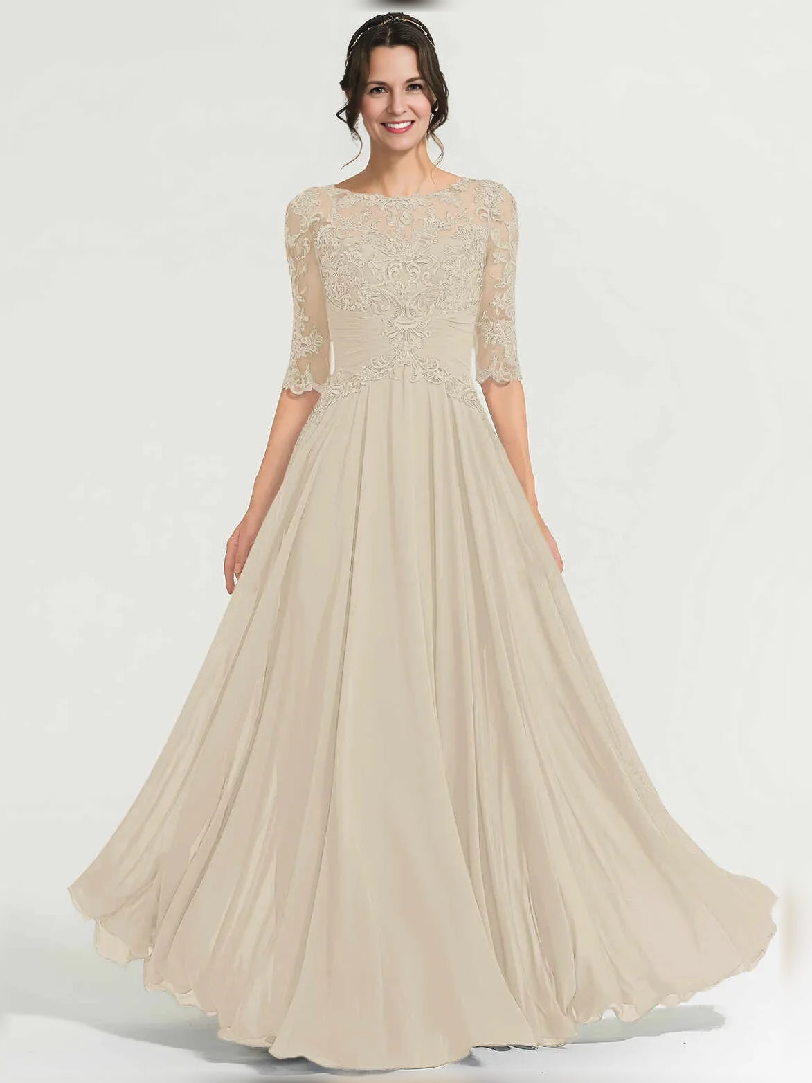 Ruched Flower-Applique Floral Illusion Neck A-Line Maxi Chiffon Mother of the Bride Dress for Formal Reception