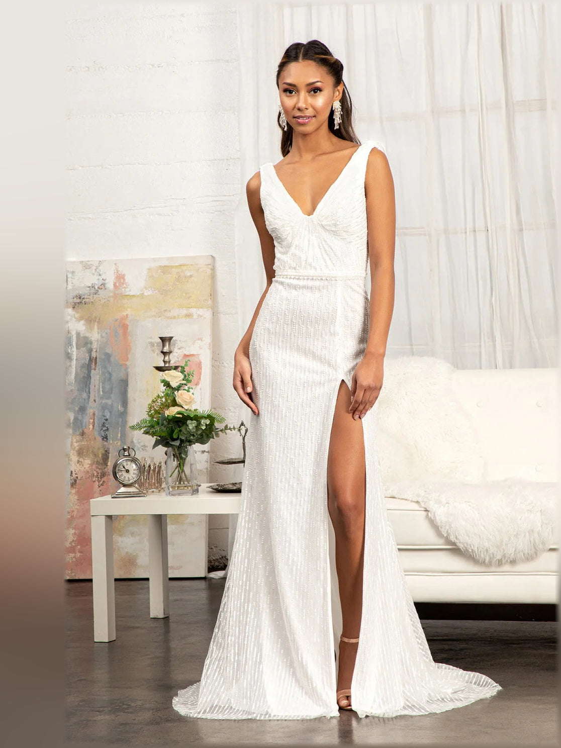 Sleeveless Deep V-Neck Beaded Ruched High-Slit Formal Dress