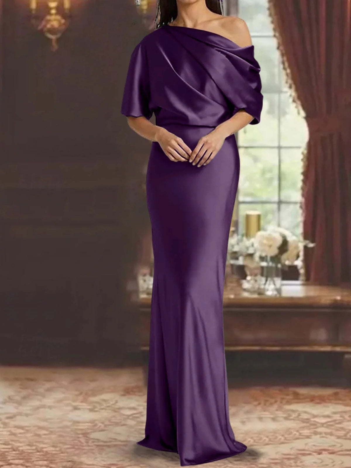 Draped One Shoulder Mermaid Floor-Length Satin Mother of the Bride Dress for Seaside Wedding