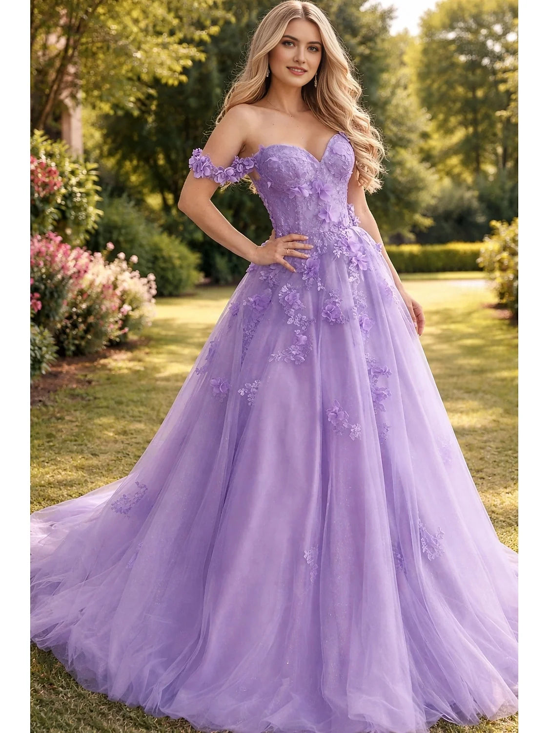 Floral Glitter Sweetheart A-Line Floor-Length Tulle Prom Dress for Ballroom Event