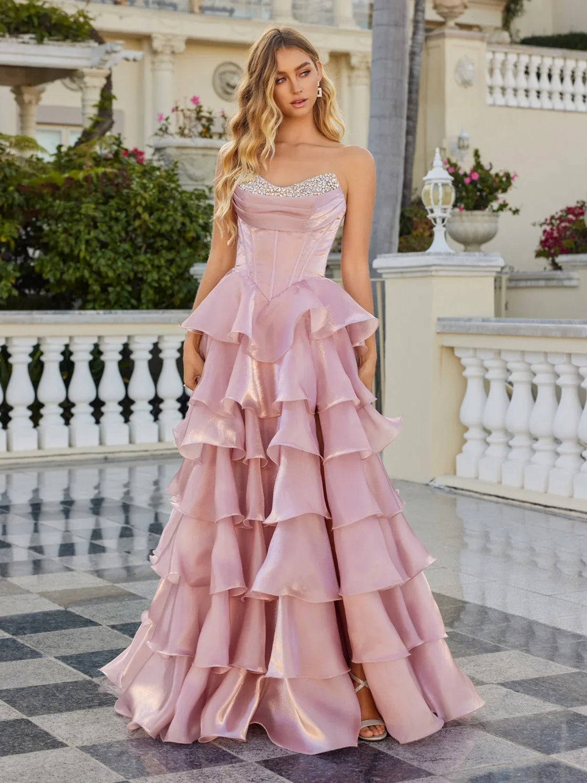 Corset Tiered Slit Sweetheart Ball-Gown Floor-Length Organza Prom Dress for Hotel Gala
