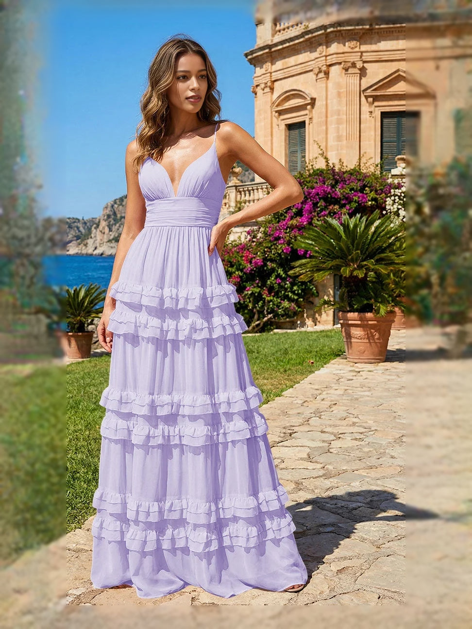Tiered Ruffled V Neck A-Line Maxi Chiffon Bridesmaid Dress for Church Wedding