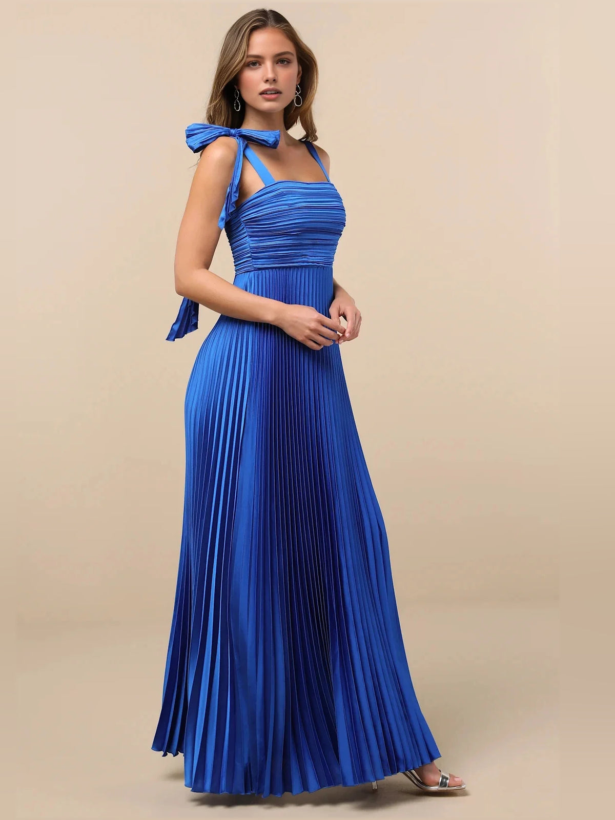 Ruched Pleated Square Neck A-Line Maxi Satin Bridesmaid Dress for Garden Wedding