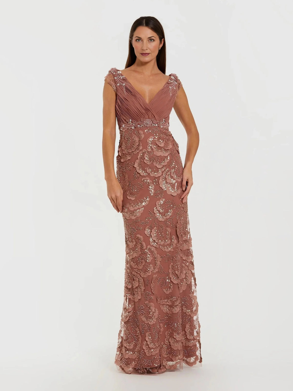 Ruched Pleated Floral V Neck Sheath Floor-Length Chiffon Mother of the Bride Dress for Wedding Ceremony