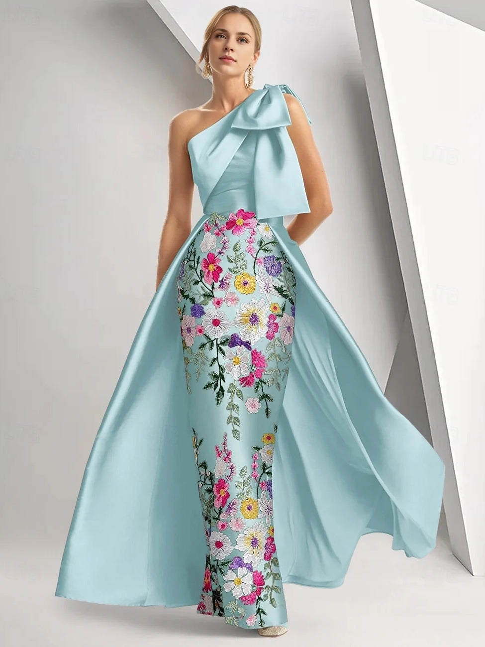 Layered Bow Floral One Shoulder Mermaid Maxi Satin Prom Dress for Celebration Dinner