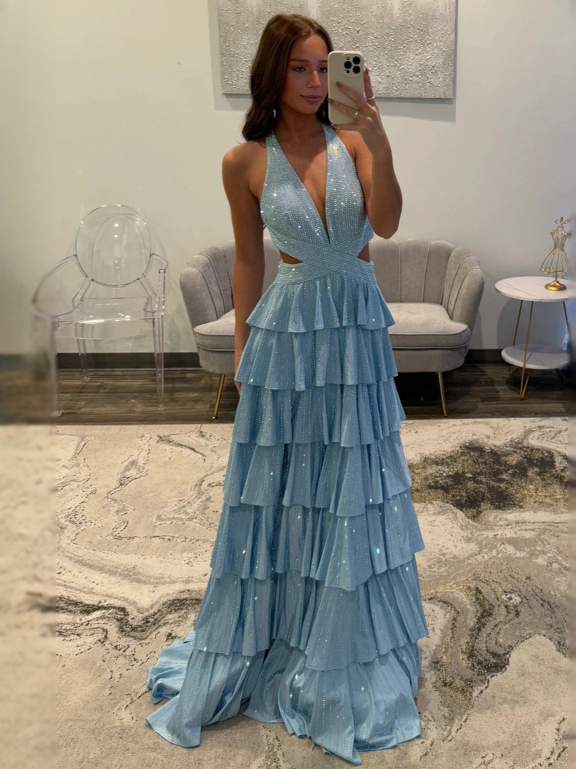 Tiered Beaded Slit V Neck A-Line Floor-Length Prom Dress for Awards Dinner