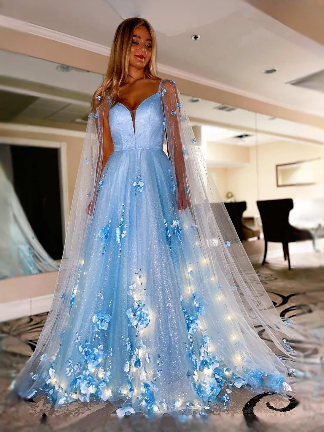 Draped Flower-Applique Floral Backless V Neck A-Line Maxi Tulle Prom Dress for Evening Banquet