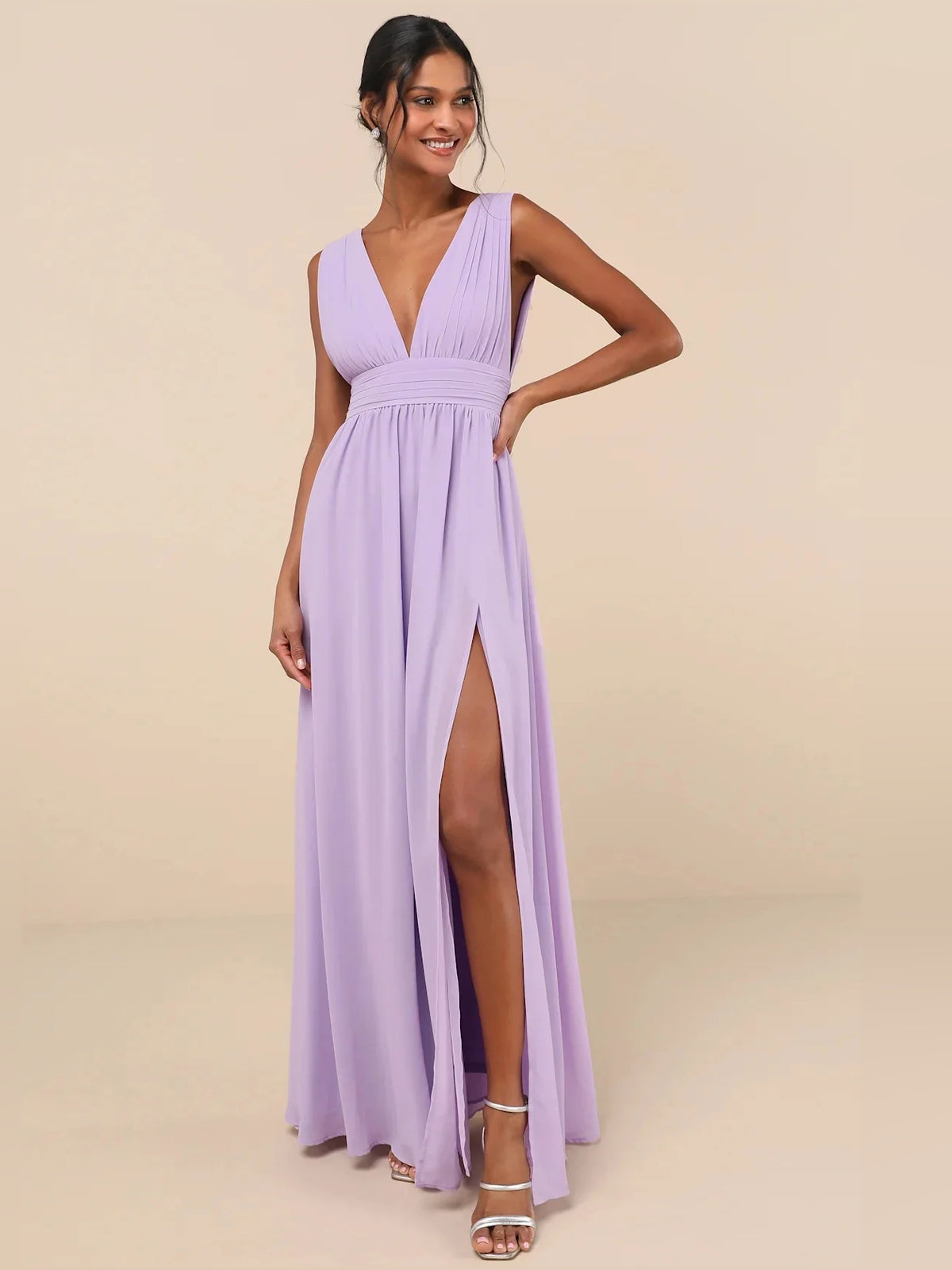 Ruched Pleated Slit V Neck A-Line Maxi Satin Bridesmaid Dress for Estate Wedding