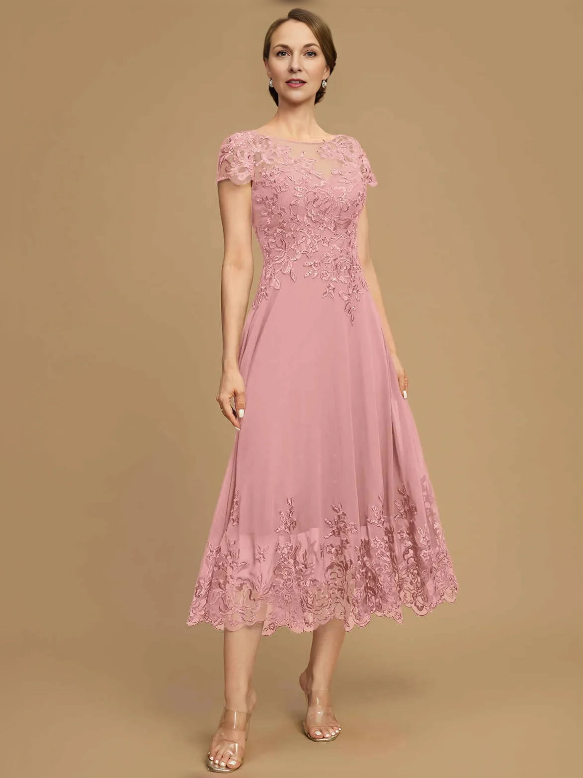 Sequin Boat Neck A-Line Tea-Length Chiffon Mother of the Bride Dress for Vineyard Wedding