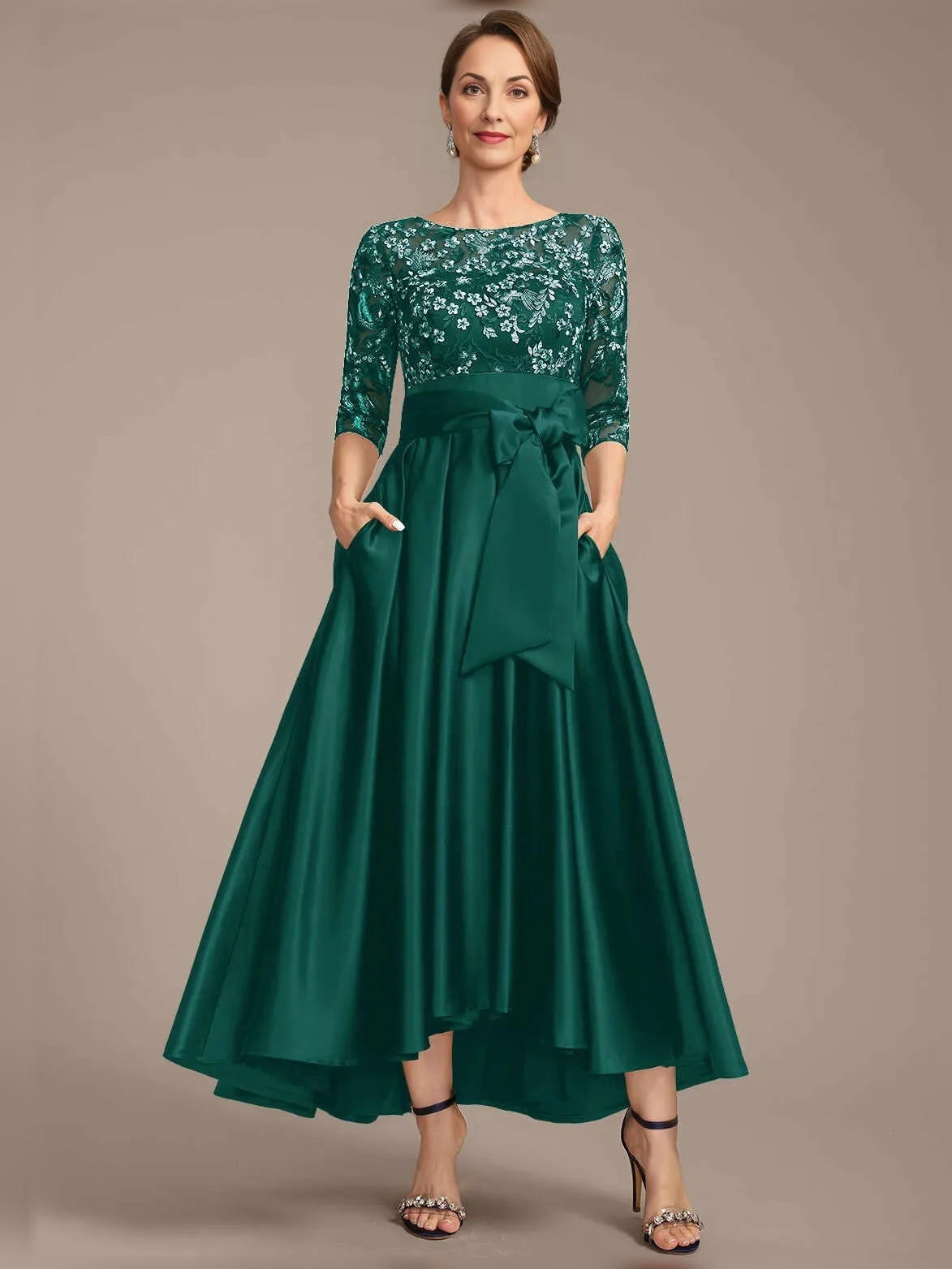 Pleated Bow Floral A-Line Floor-Length Satin Mother of the Bride Dress for Ceremony Dinner