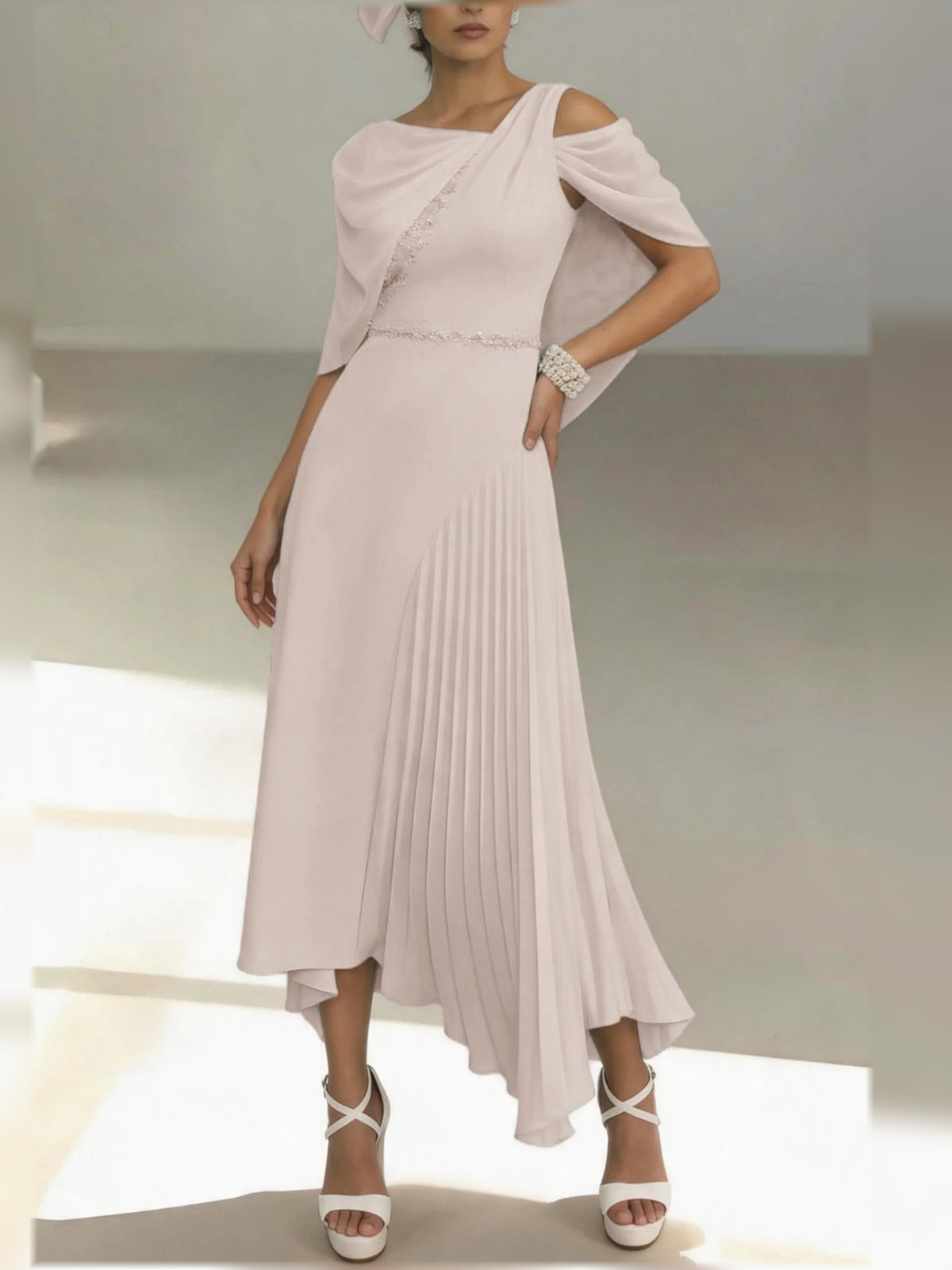 Pleated Draped One Shoulder A-Line Midi Chiffon Mother of the Bride Dress for Destination Wedding