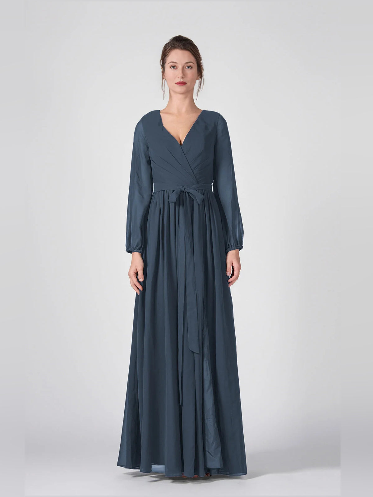 Draped V Neck A-Line Floor-Length Chiffon Bridesmaid Dress for Formal Wedding
