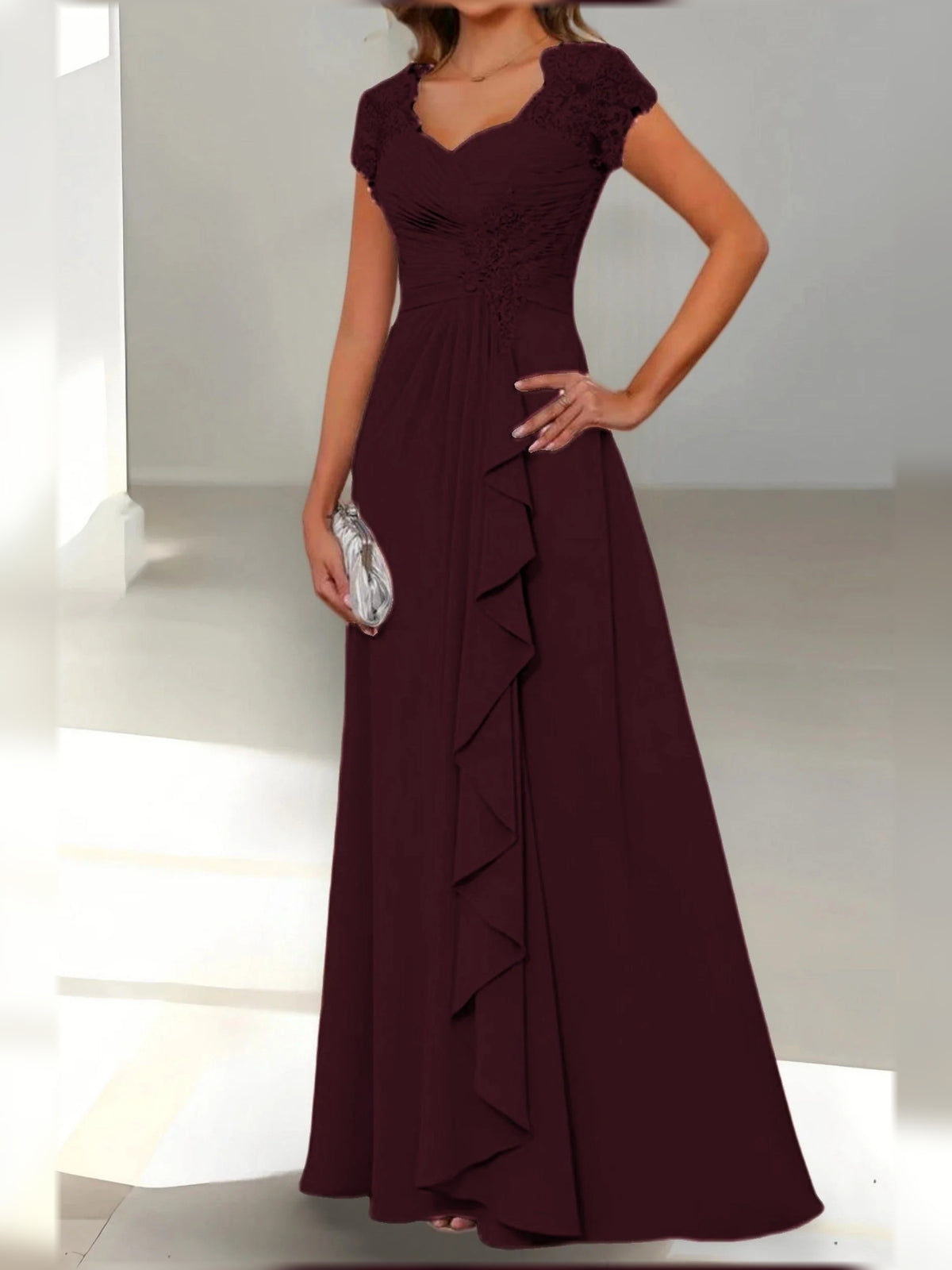 Ruched Draped Floral Ruffled V Neck A-Line Floor-Length Chiffon Mother of the Bride Dress for Wedding Celebration