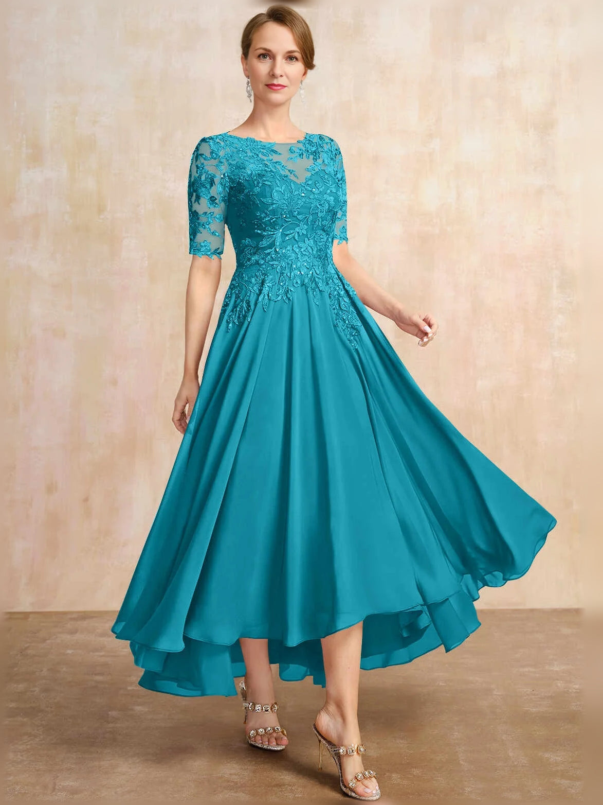 Cut-Out Sequin Floral Illusion Neck A-Line Midi Chiffon Mother of the Bride Dress for Anniversary Celebration