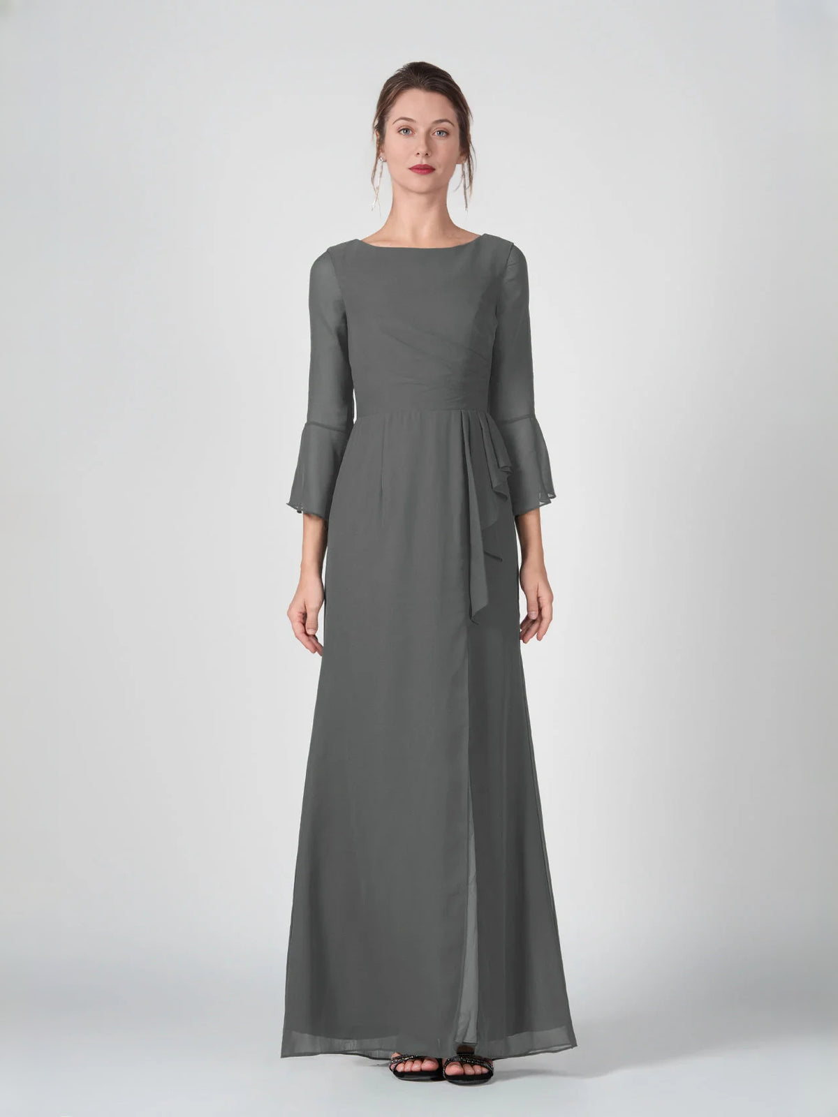 Ruched Side-Slit Slit Boat Neck Sheath Floor-Length Chiffon Bridesmaid Dress for Bridal Party