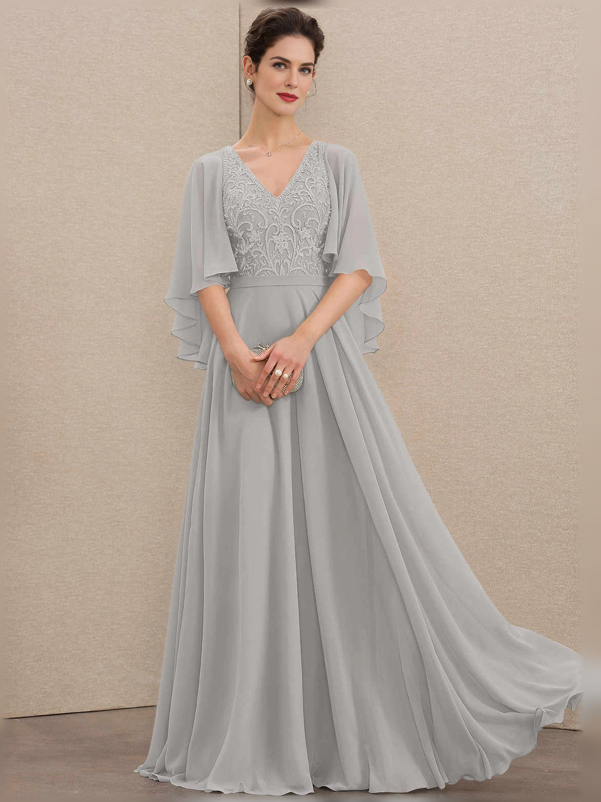 Embroidered V Neck A-Line Floor-Length Chiffon Mother of the Bride Dress for Church Wedding